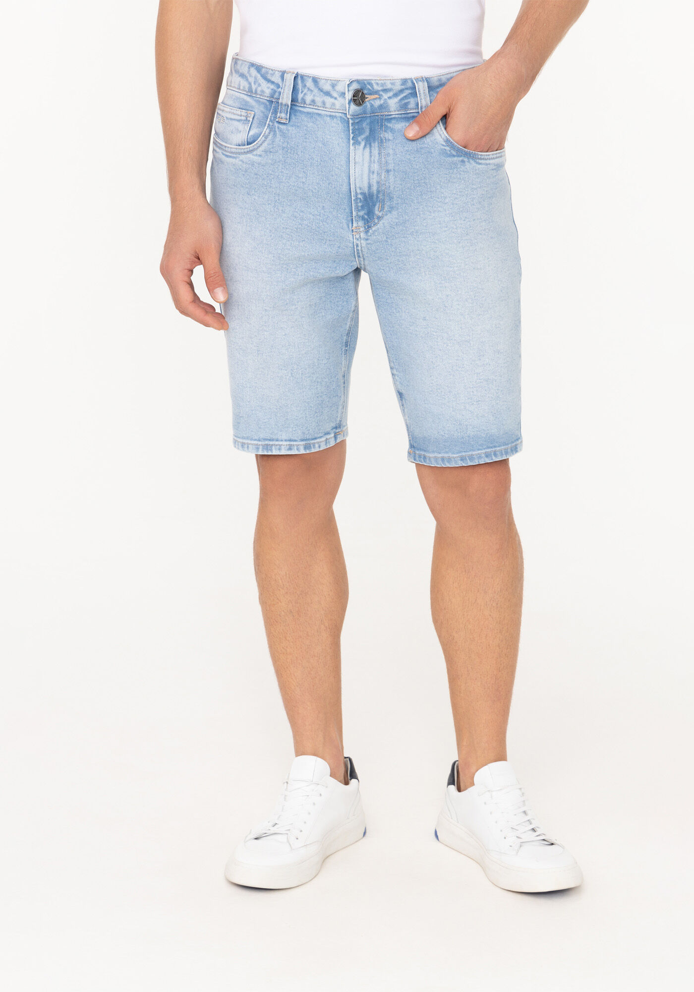 Bermuda Jeans Reta Radial Com Elastano E Bolsos, JEANS, large.