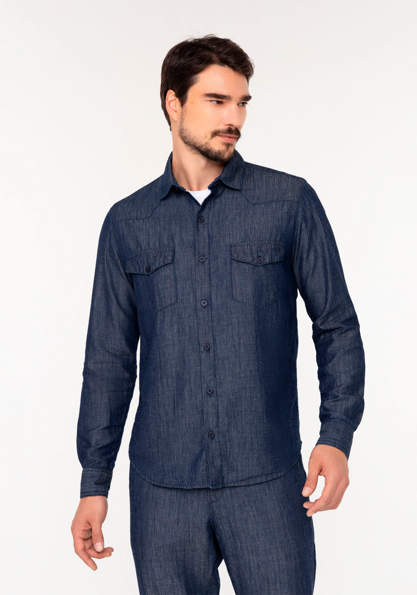 Camisa Jeans Com Bolsos De Mangas Longas, JEANS, large.