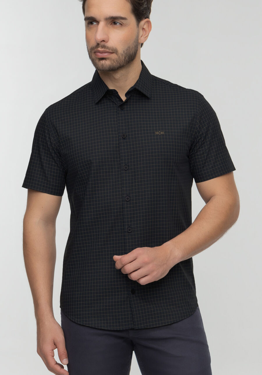 Camisa Masculina De Mangas Curtas Slim Fit Em Tecido Plano, MARINHO. Camisa Masculina De Mangas Curtas Slim Fit Em Tecido Plano, MARINHO, large.