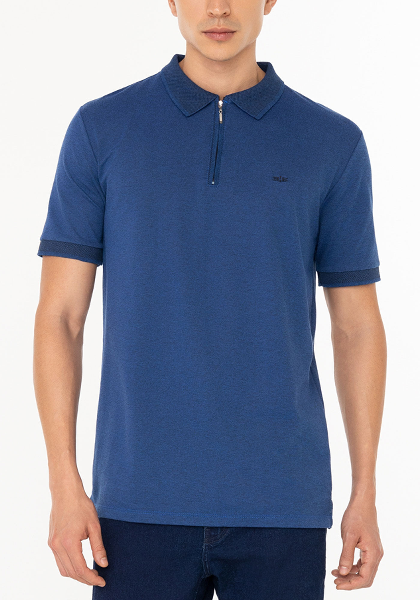 Camisa Polo Em Malha Piquet Mesclada, AZUL, large.