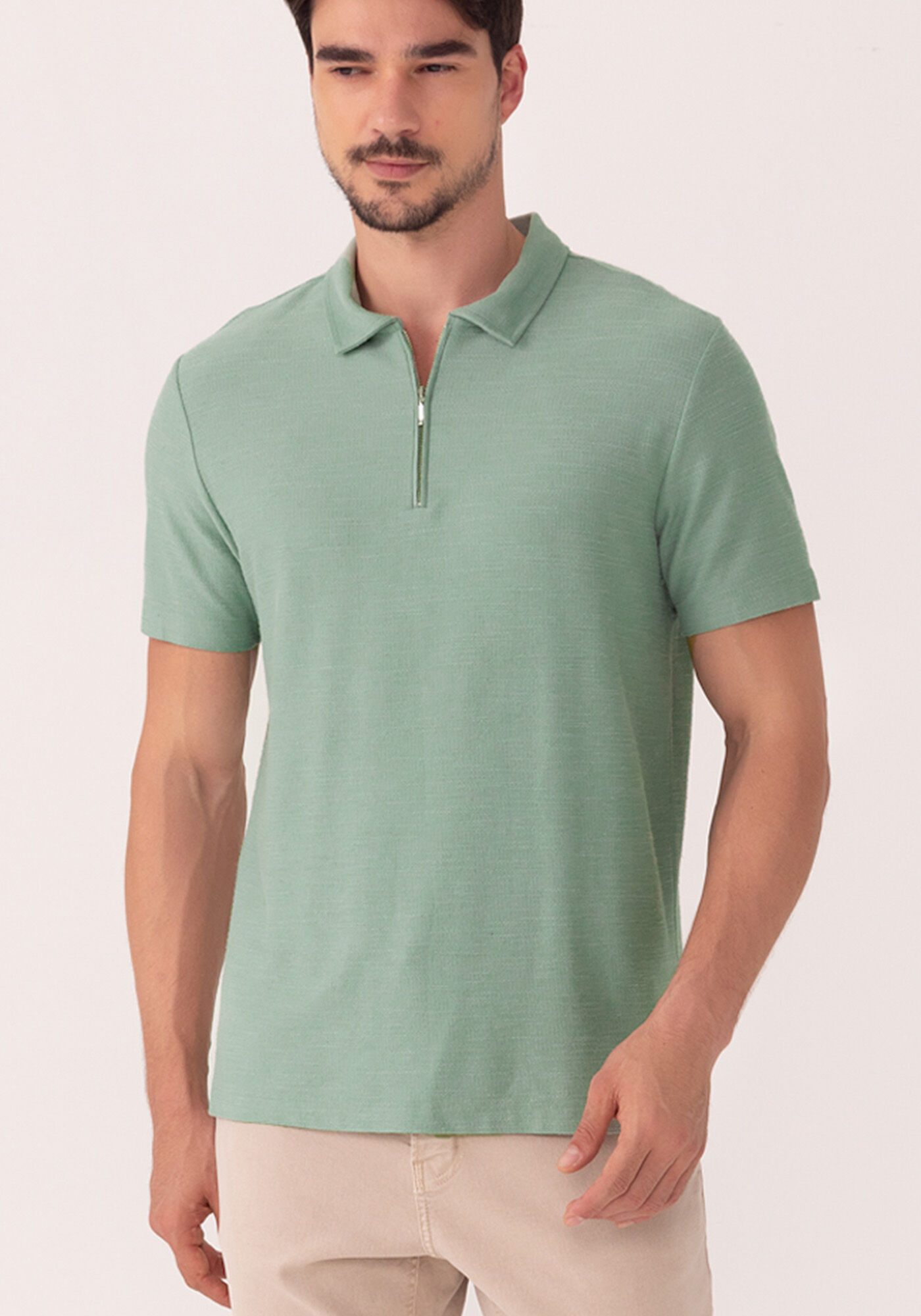 Camisa Polo De Mangas Curtas Com Z&iacute;per E Linho, VERDE CHIARO, large.