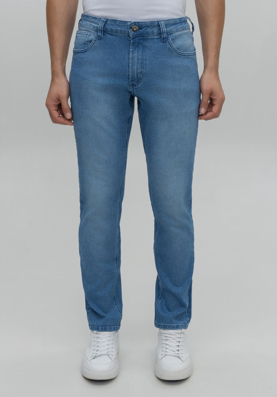 Calça Jeans Reta Radial Com Bolsos Funcionais E Elastano, JEANS. Calça Jeans Reta Radial Com Bolsos Funcionais E Elastano, JEANS, large.