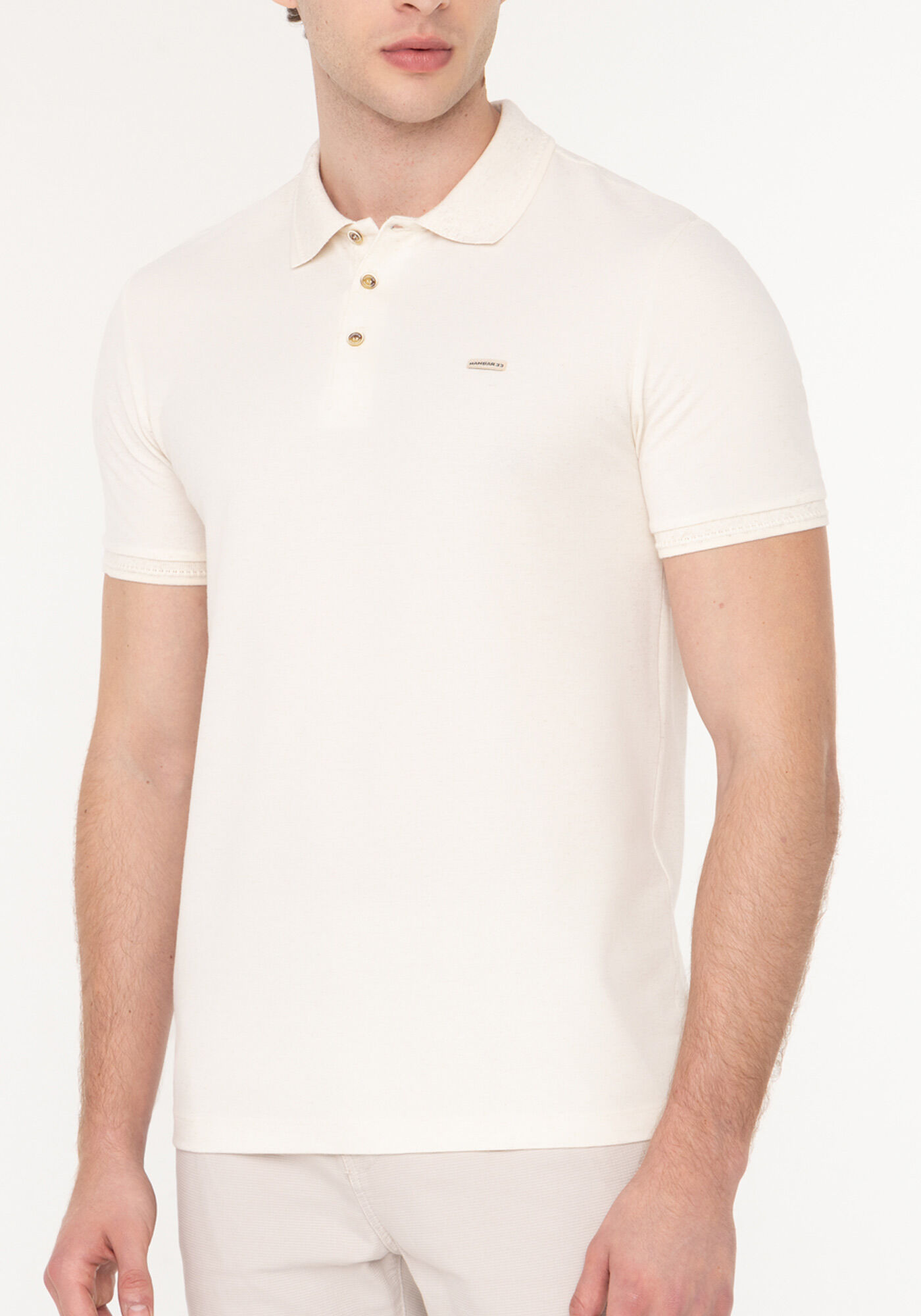 Camisa Polo De Mangas Curtas Em Malha Leve Com Linho, BRANCO OFF WHITE, large.