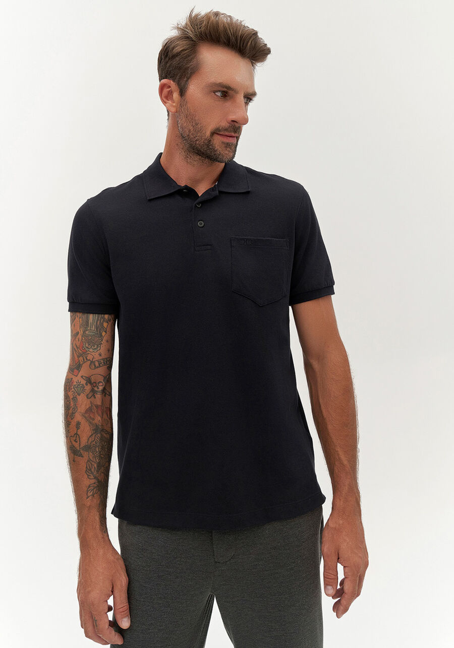 Camisa Polo em Malha Piquet com Bolso, PRETO REATIVO. Camisa Polo em Malha Piquet com Bolso, PRETO REATIVO, large.