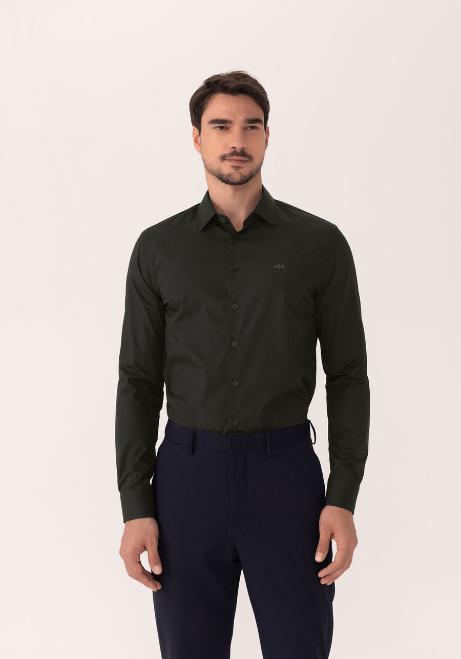 Camisa De Mangas Longas Slim Fit Em Tecido Mercerizado, PRETO. Camisa De Mangas Longas Slim Fit Em Tecido Mercerizado, PRETO, large.