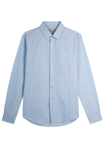 Camisa Masculina Slim Fit em Tecido Flamê Listrada, AZUL CLARO. Camisa Masculina Slim Fit em Tecido Flamê Listrada, AZUL CLARO, large.