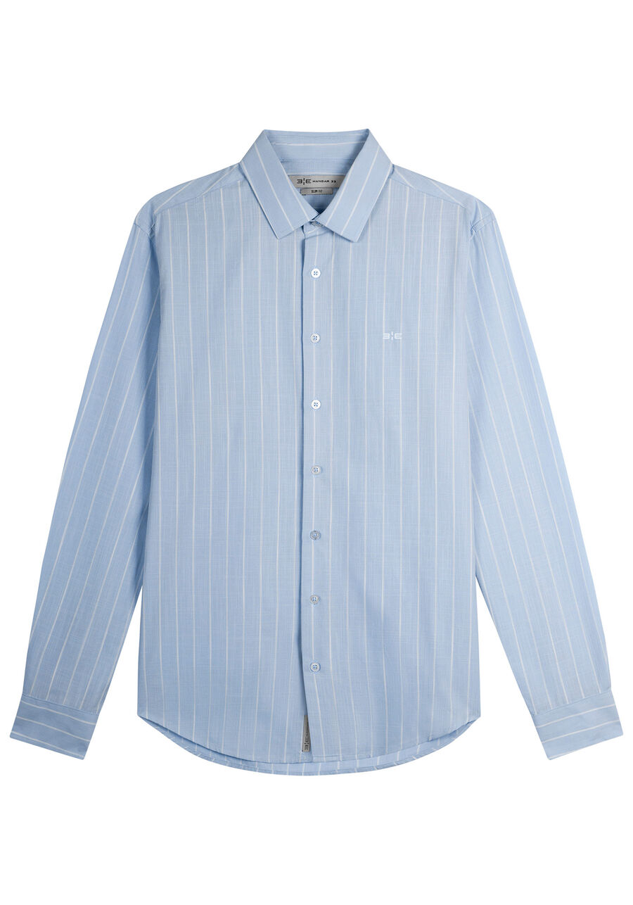 Camisa Masculina Slim Fit em Tecido Flamê Listrada, AZUL CLARO. Camisa Masculina Slim Fit em Tecido Flamê Listrada, AZUL CLARO, large.