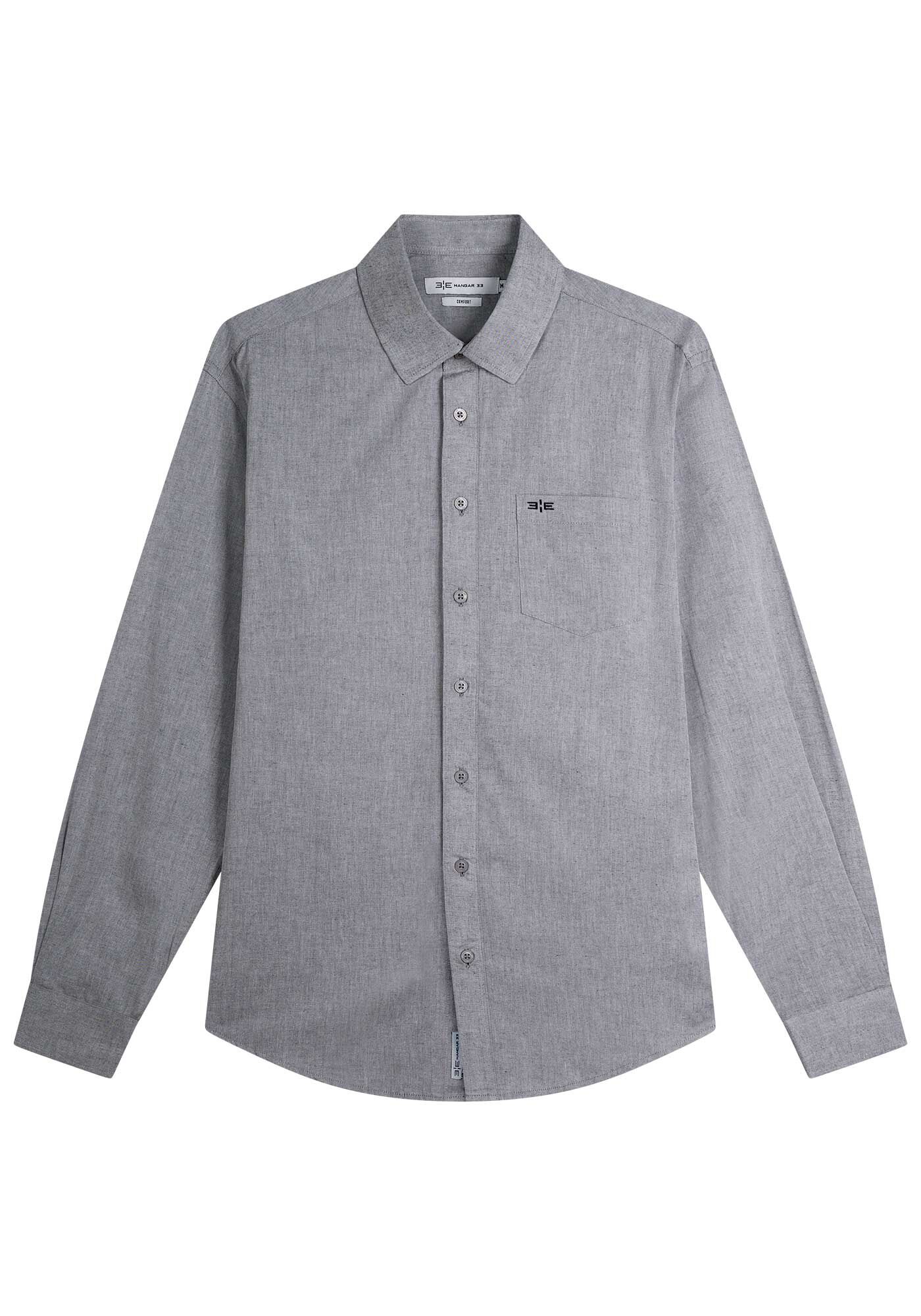 Camisa Masculina Comfort Cinza com Bolso, CINZA, large.