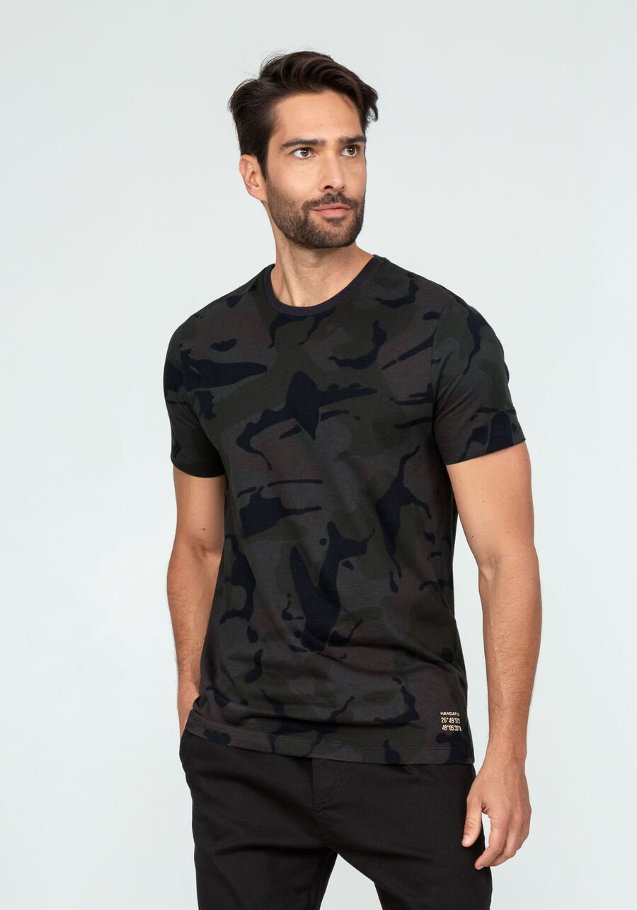 Camiseta Camuflada em Malha com Decote Redondo, CAMU CINZA. Camiseta Camuflada em Malha com Decote Redondo, CAMU CINZA, large.