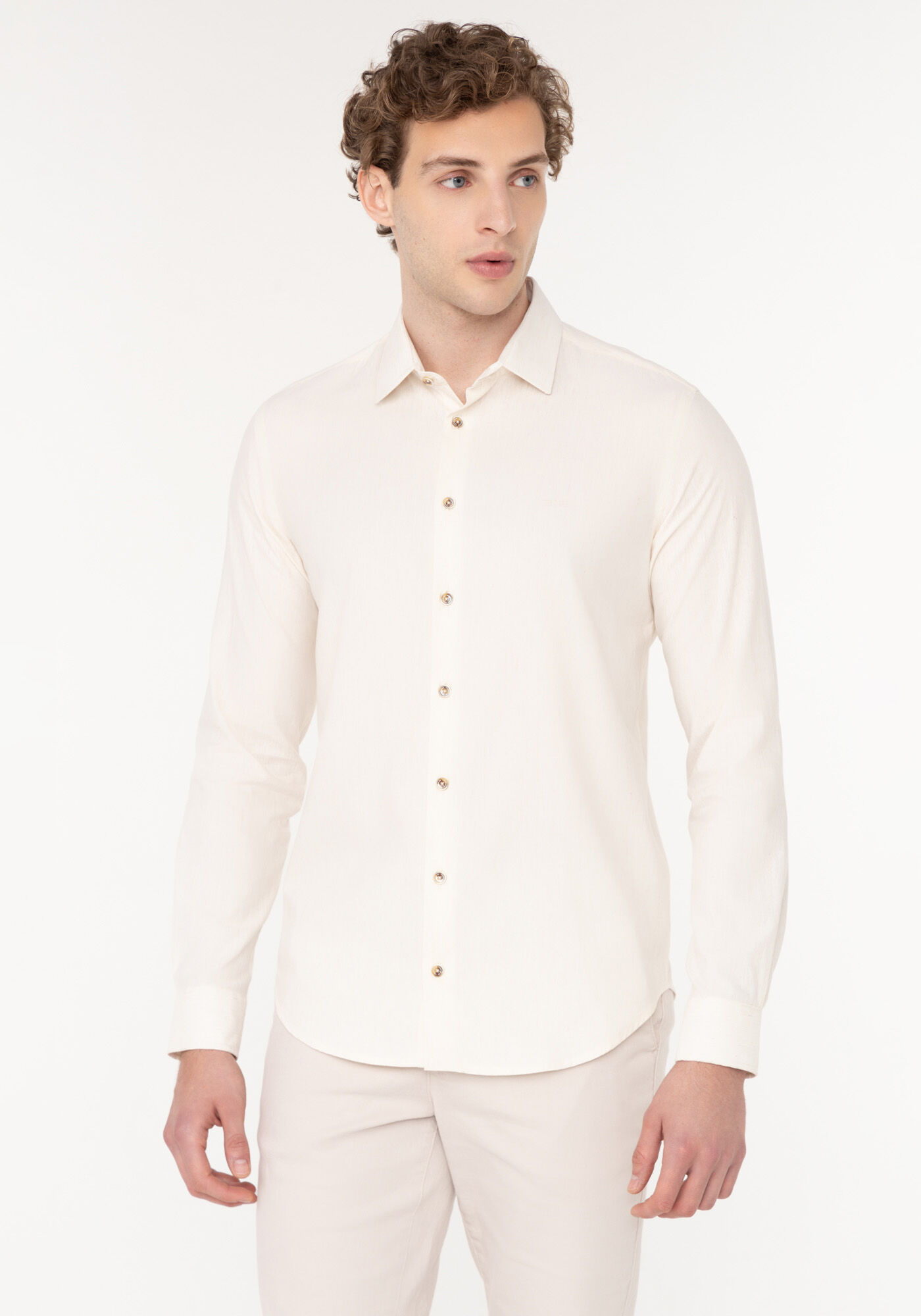 Camisa De Mangas Longas Slim Fit Com Linho, BRANCO OFF WHITE, large.