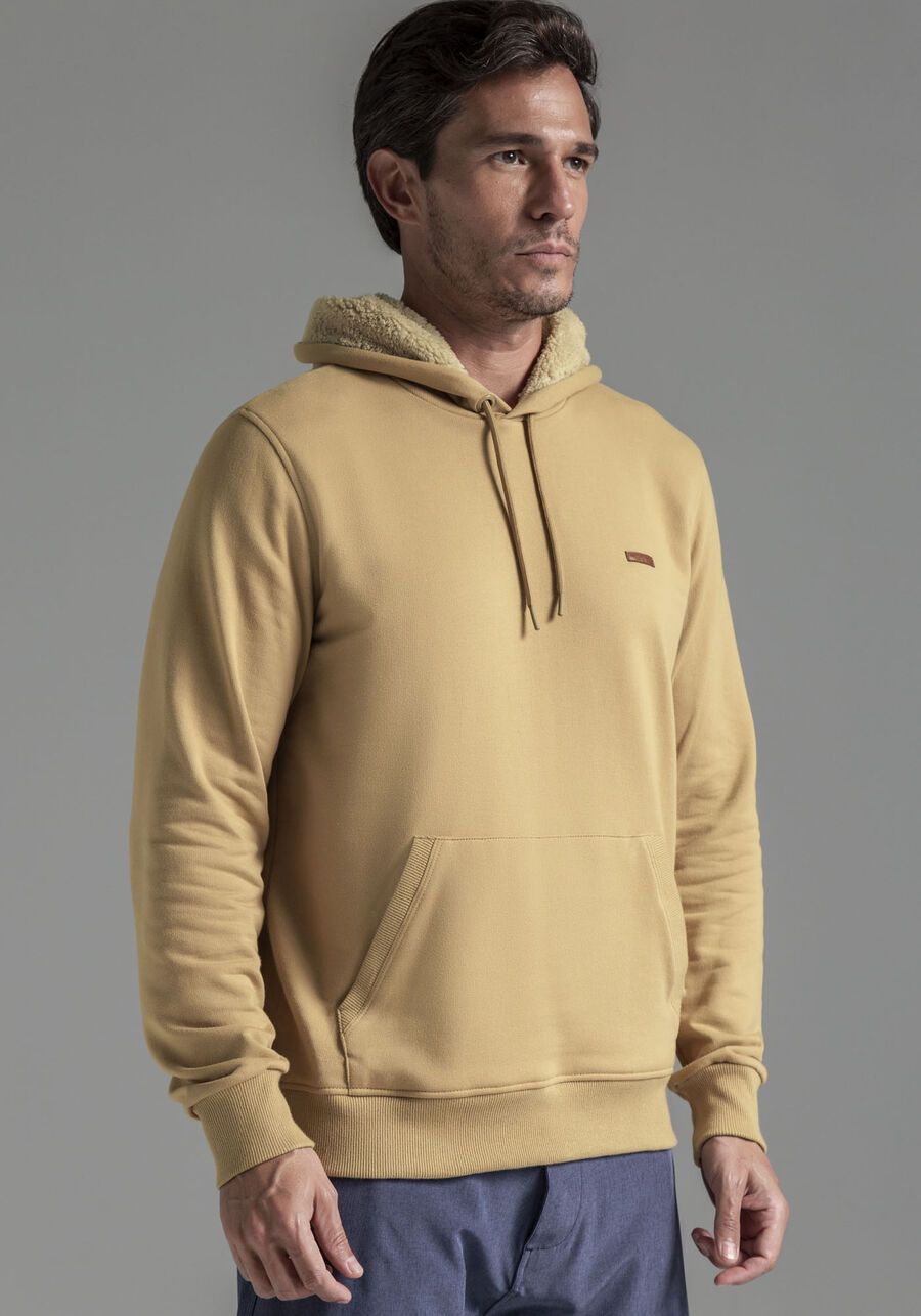 Blusão Masculino em Moletom com Pelo Capuz, BEGE SERGE. Blusão Masculino em Moletom com Pelo Capuz, BEGE SERGE, large.