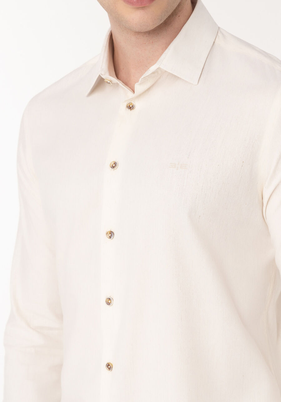 Camisa De Mangas Longas Slim Fit Com Linho, BRANCO OFF WHITE. Camisa De Mangas Longas Slim Fit Com Linho, BRANCO OFF WHITE, large.