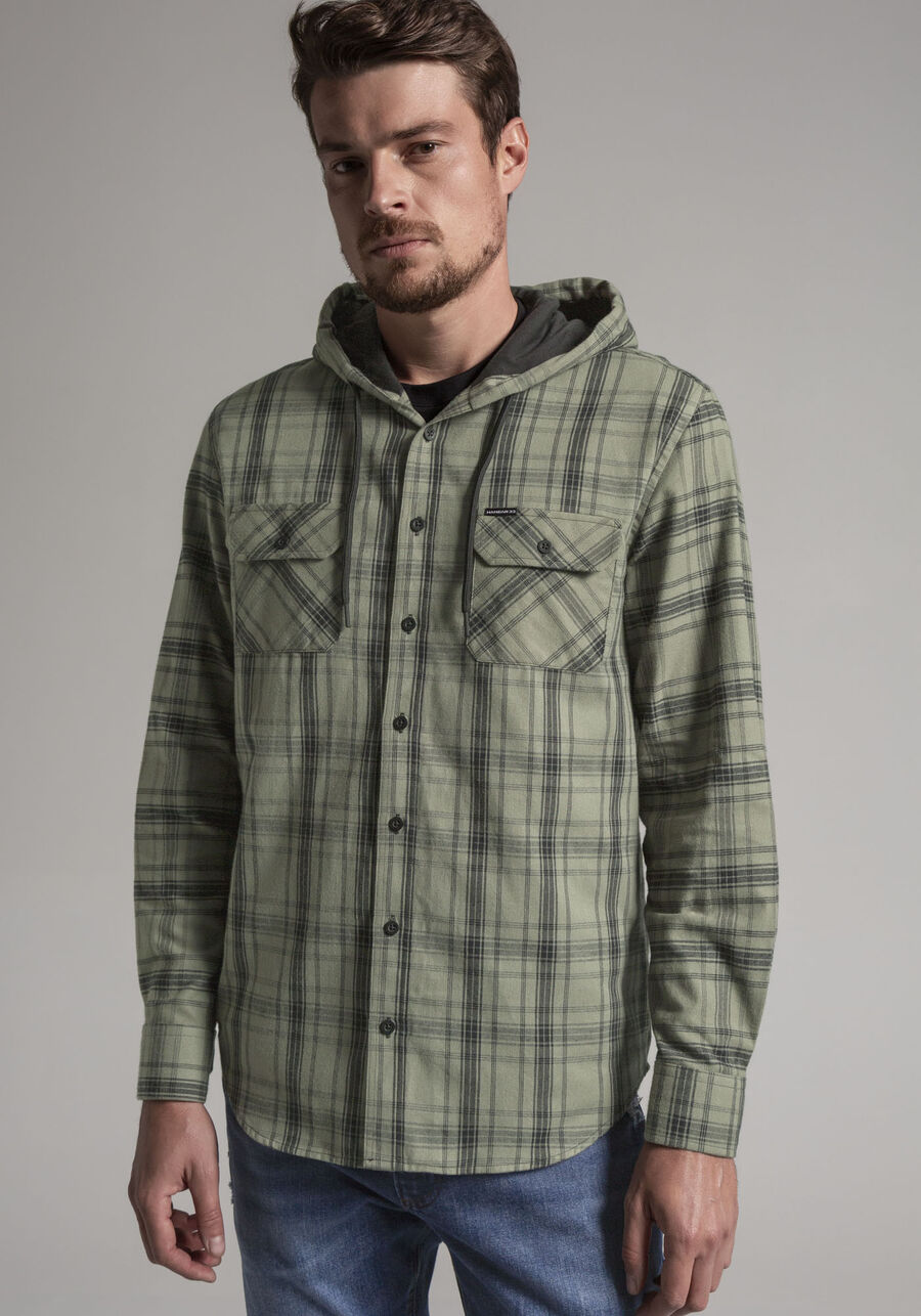 Camisa Masculina em Flanela Xadrez com Capuz, VERDE REIGN, large.