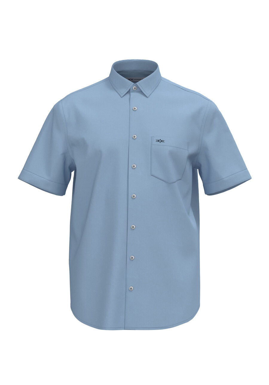 Camisa Comfort De Mangas Curtas Com Bolso Funcional Bordado, AZUL. Camisa Comfort De Mangas Curtas Com Bolso Funcional Bordado, AZUL, large.