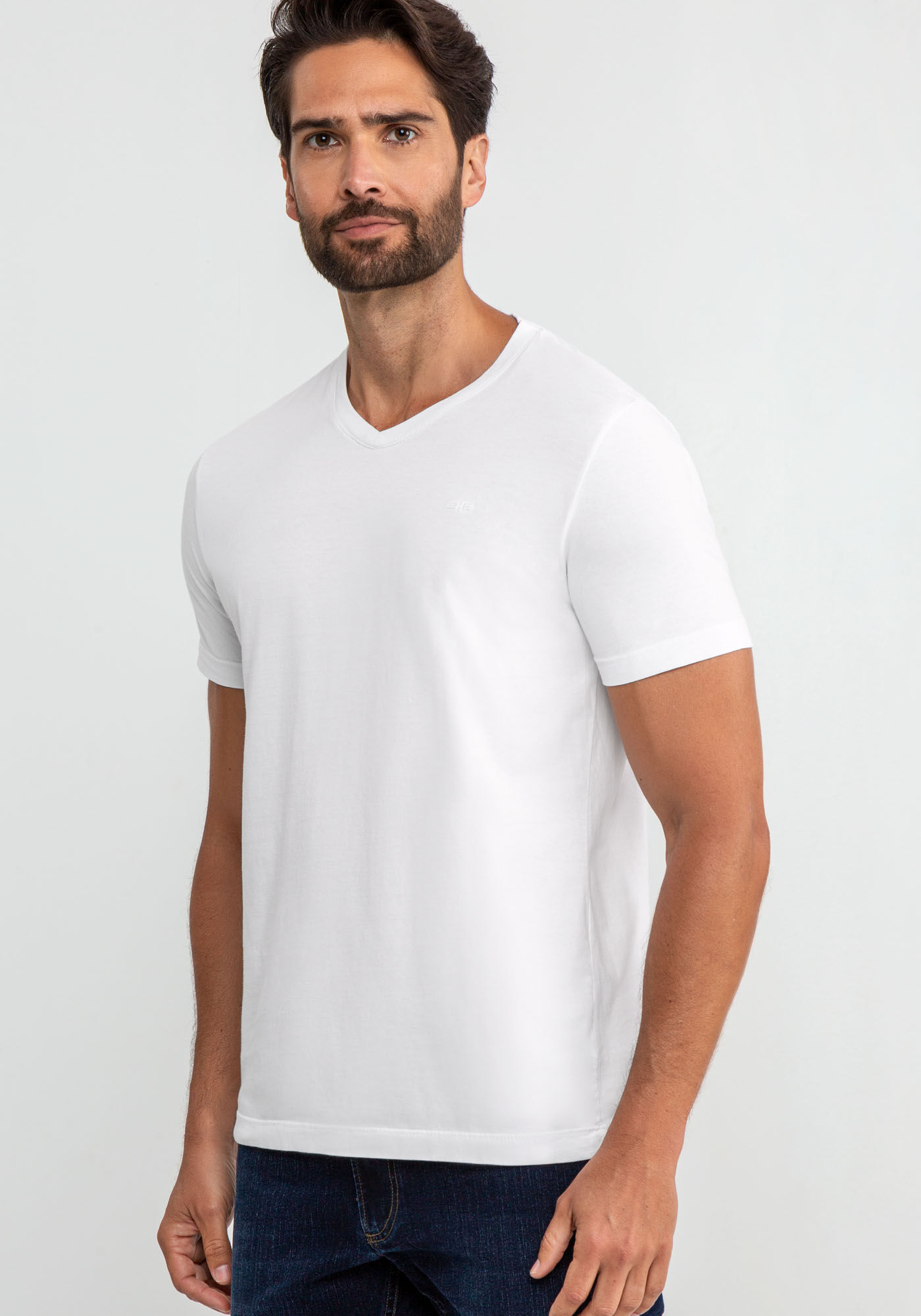 Camiseta Masculina em Malha com Decote V, BRANCO, large.
