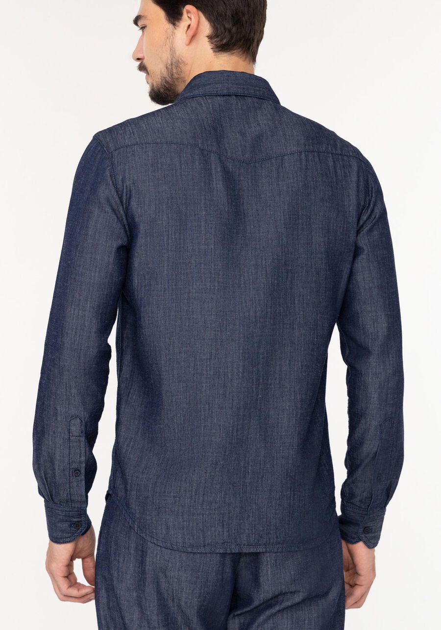 Camisa Masculina Jeans Amaciada Com Linho E Mangas Longas, JEANS. Camisa Masculina Jeans Amaciada Com Linho E Mangas Longas, JEANS, large.
