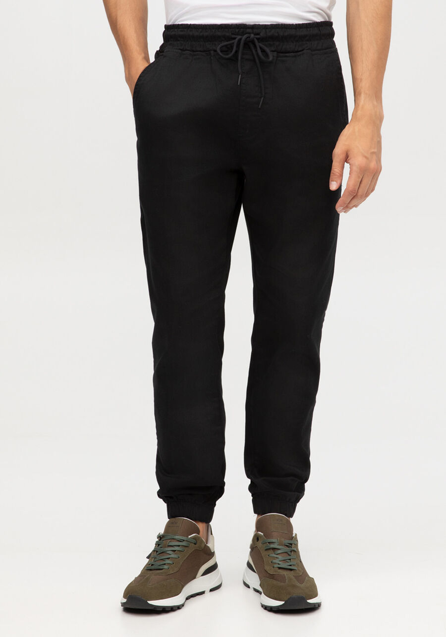 Calça Jogging Com Bolsos Em Sarja Com Elastano, PRETO REATIVO. Calça Jogging Com Bolsos Em Sarja Com Elastano, PRETO REATIVO, large.