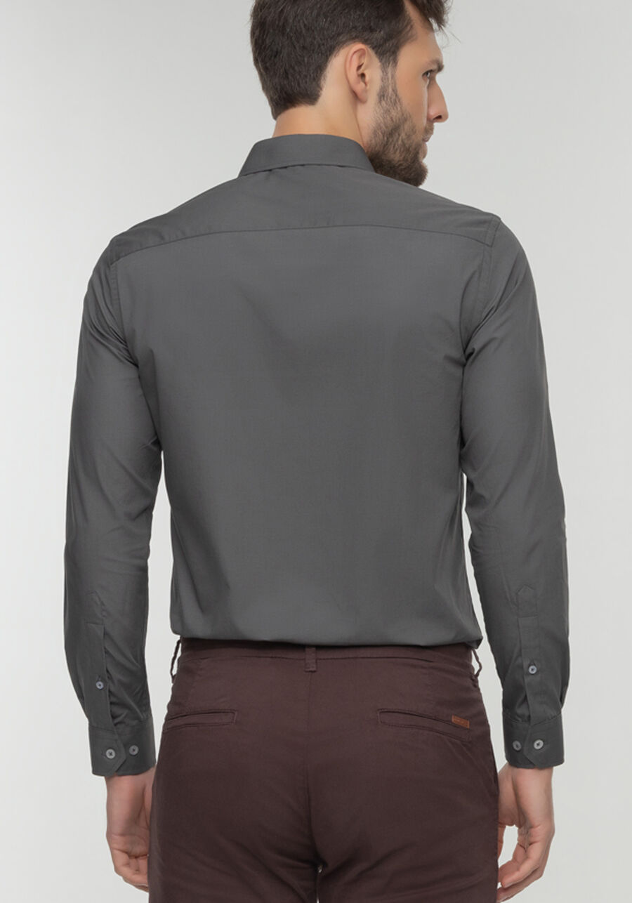 Camisa Masculina Slim Fit Com Mangas Longas Em Tecido Plano, CINZA NOTI. Camisa Masculina Slim Fit Com Mangas Longas Em Tecido Plano, CINZA NOTI, large.