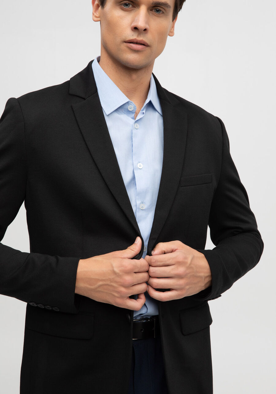 Blazer Slim Com Lapelas Em Malha, PRETO REATIVO. Blazer Slim Com Lapelas Em Malha, PRETO REATIVO, large.