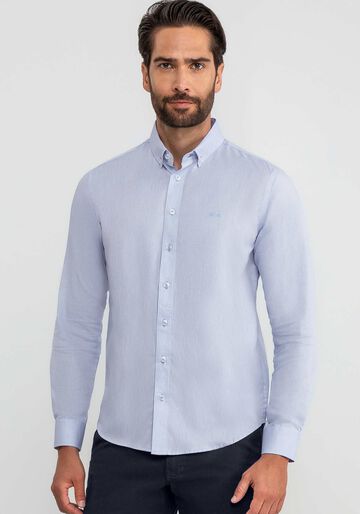 Camisa Slim Fit Masculina em Tricoline Texturizado, AZUL CLARO, large.