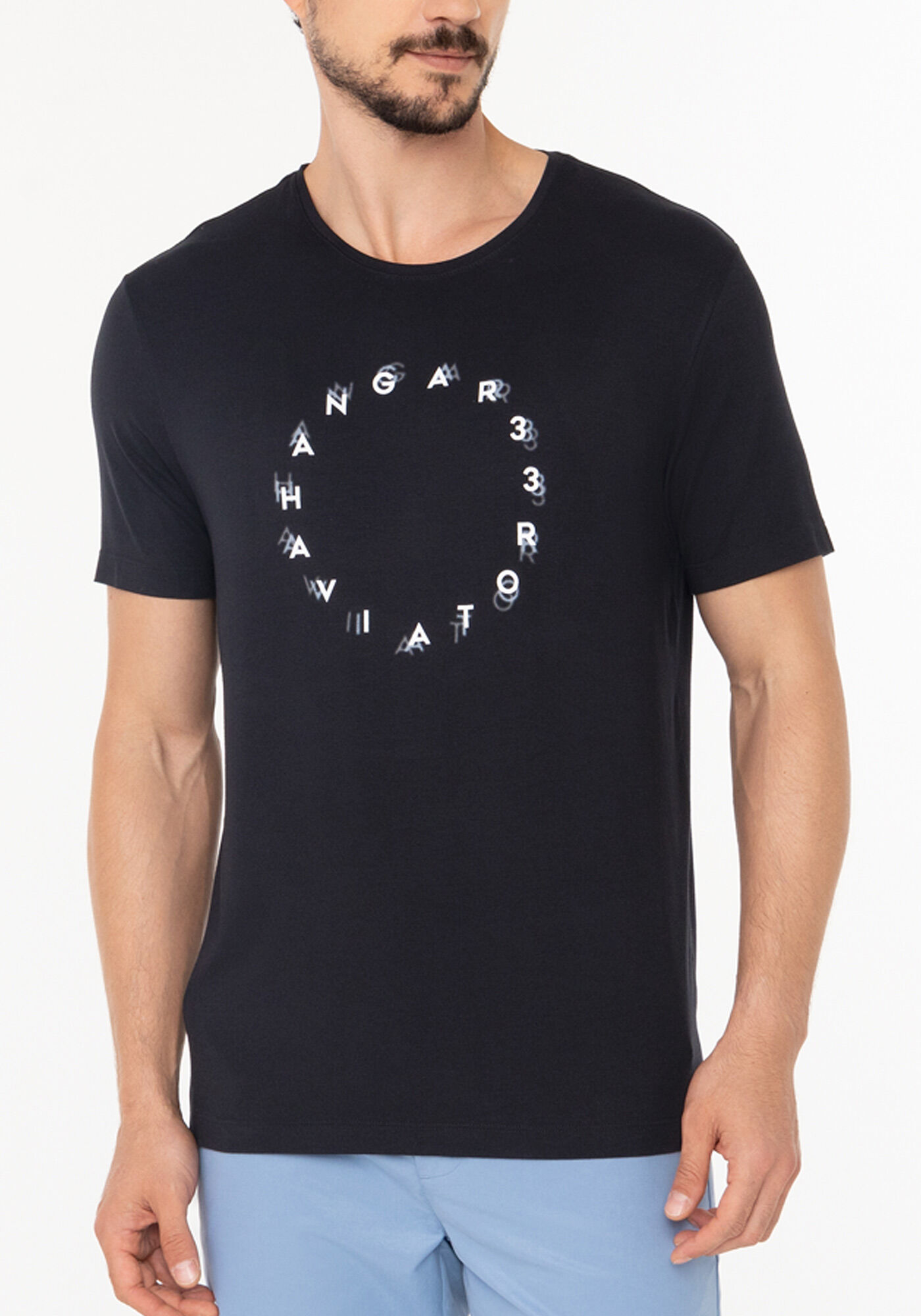 Camiseta De Mangas Curtas Com Estampa Em Malha Com Elastano, PRETO, large.