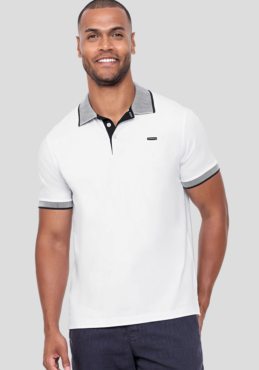 Camisa Polo Masculina com Retilínea Contraste, BRANCO. Camisa Polo Masculina com Retilínea Contraste, BRANCO, large.