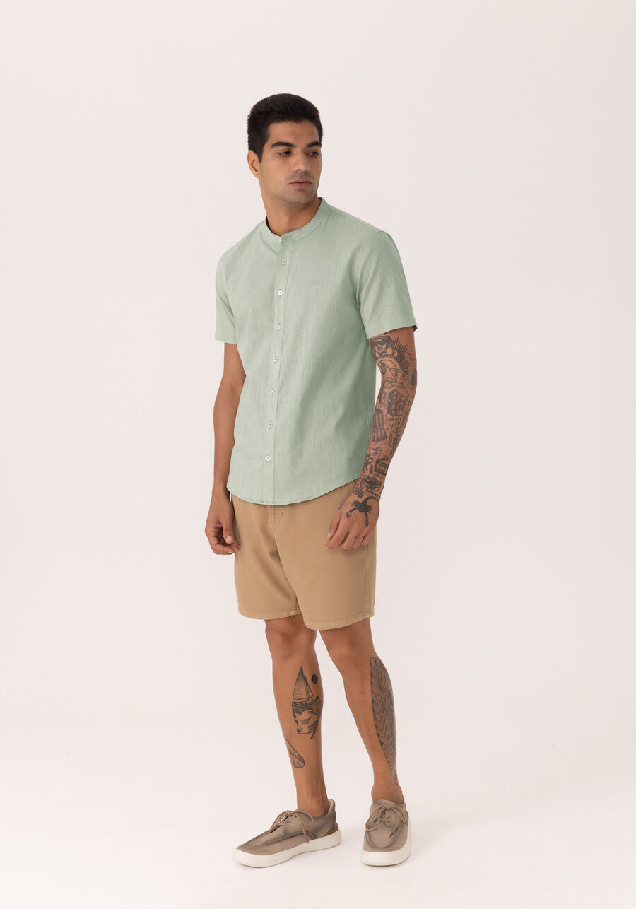 Camisa De Mangas Curtas Com Gola Padre E Linho, VERDE WING. Camisa De Mangas Curtas Com Gola Padre E Linho, VERDE WING, large.