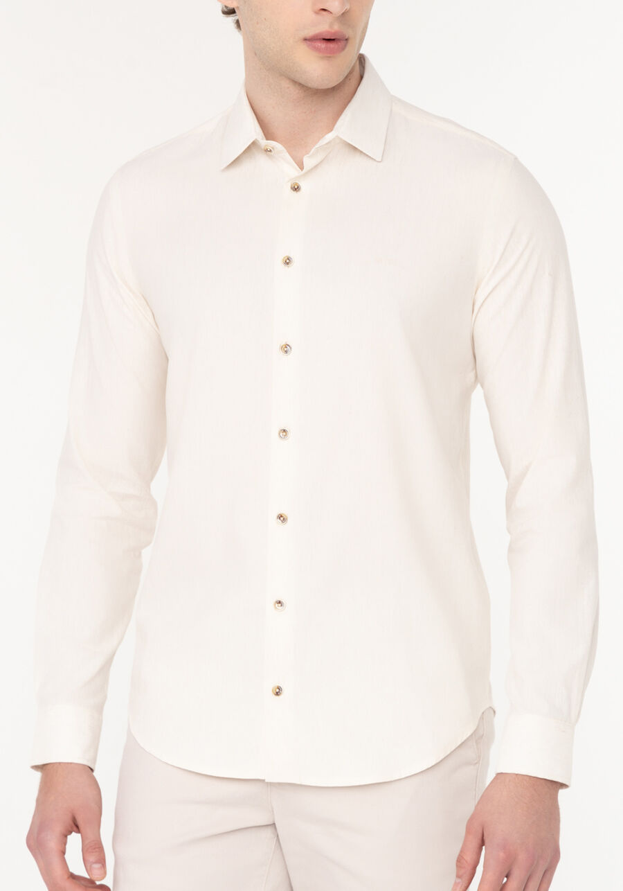 Camisa De Mangas Longas Slim Fit Com Linho, BRANCO OFF WHITE. Camisa De Mangas Longas Slim Fit Com Linho, BRANCO OFF WHITE, large.