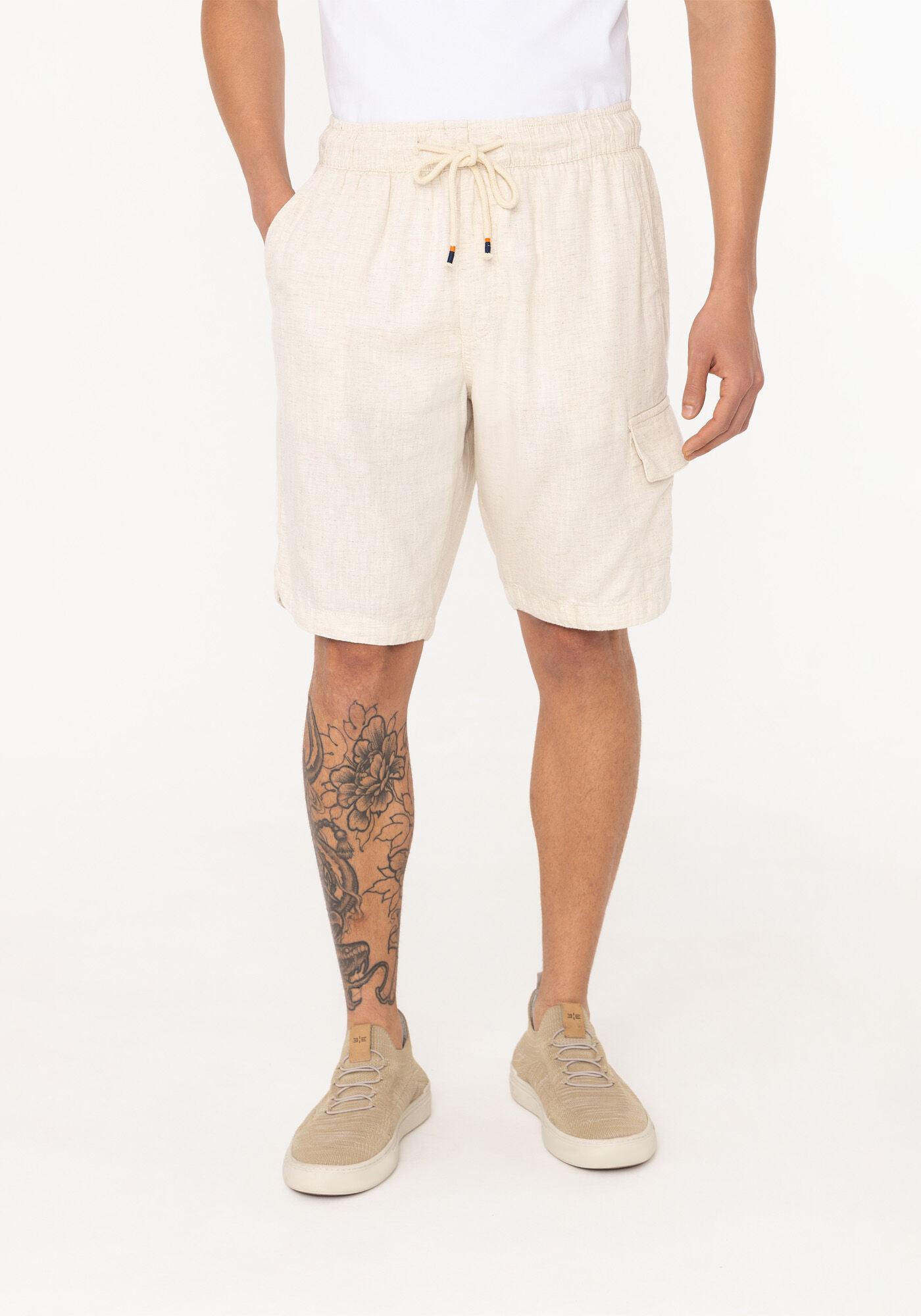 Bermuda Jogger Masculina Com Linho E El&aacute;stico No C&oacute;s, NATURAL, large.