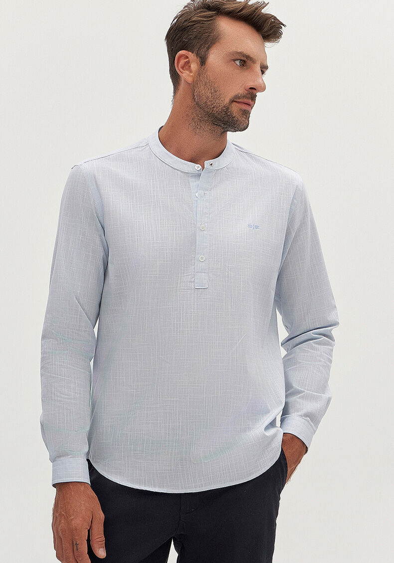 Camisa Com Gola Padre E Mangas Longas Masculina Slim Fit, AZUL CLARO, large.