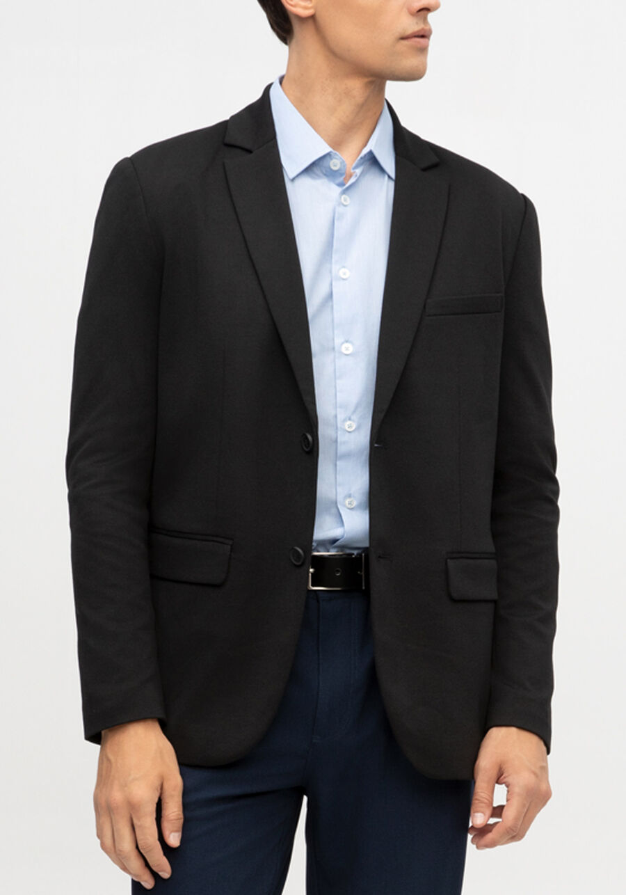 Blazer Slim Com Lapelas Em Malha, PRETO REATIVO. Blazer Slim Com Lapelas Em Malha, PRETO REATIVO, large.