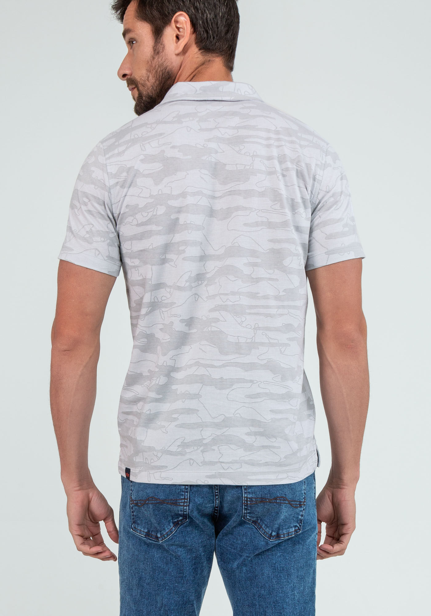 Camisa Polo Manga Curta Malha Penteada, GRID CINZA, large.