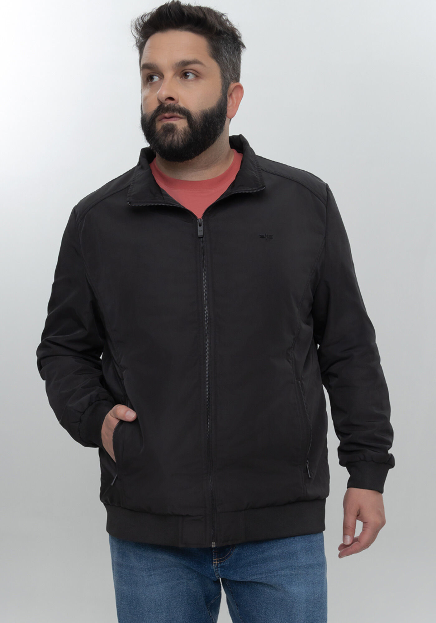 Jaqueta Casual Com Gola Alta E Bolsos Funcionais Big & Tall, PRETO REATIVO, large.