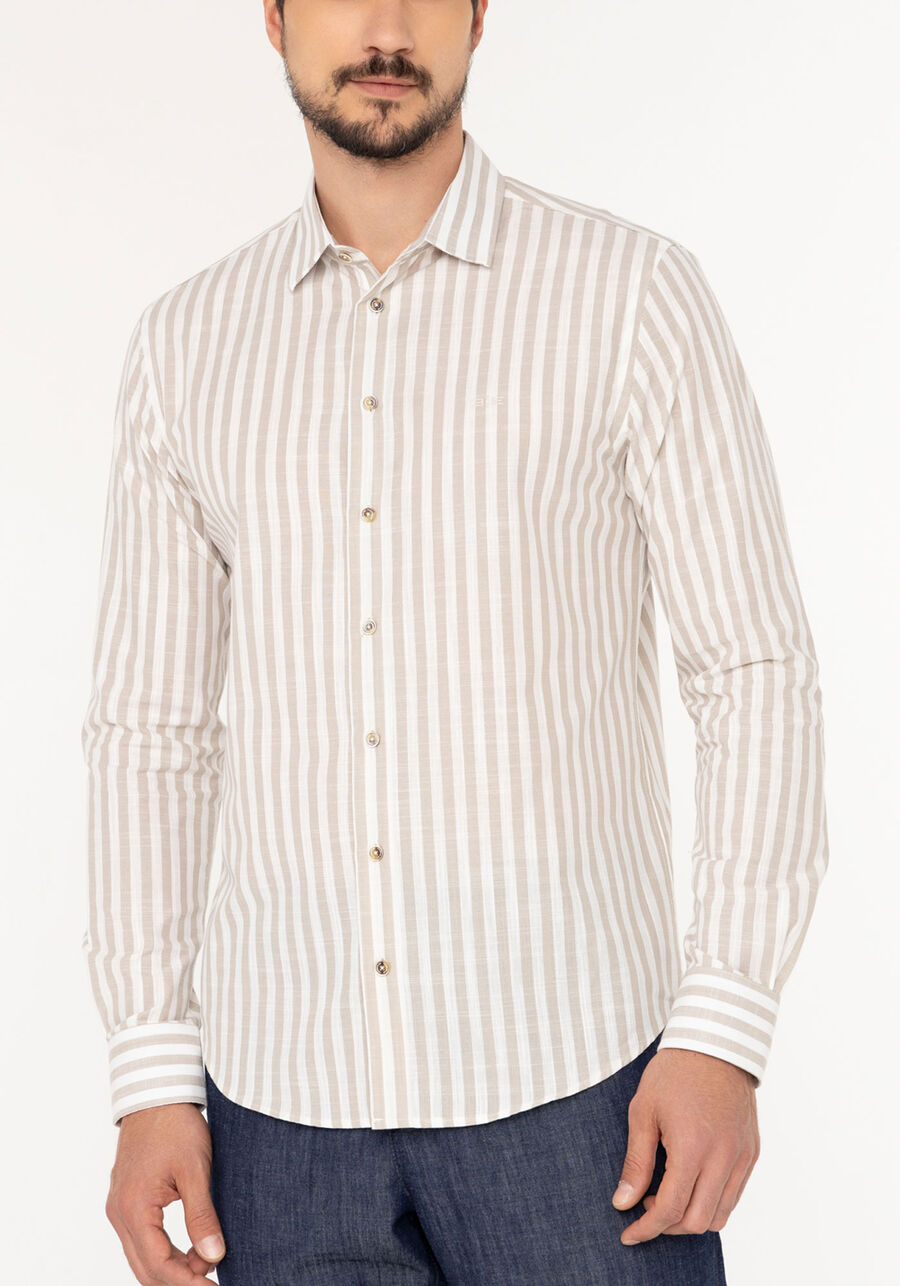 Camisa Listrada De Mangas Longas Slim Fit Masculina, BEGE SYSTEM. Camisa Listrada De Mangas Longas Slim Fit Masculina, BEGE SYSTEM, large.