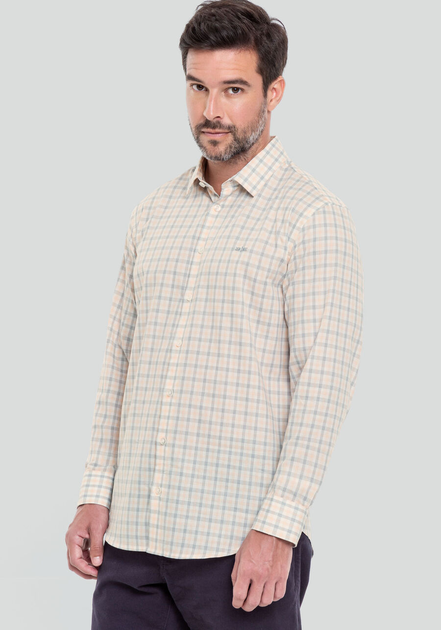 Camisa Masculina Slim Fit em Tricoline Xadrez, BRANCO/SALMAO. Camisa Masculina Slim Fit em Tricoline Xadrez, BRANCO/SALMAO, large.