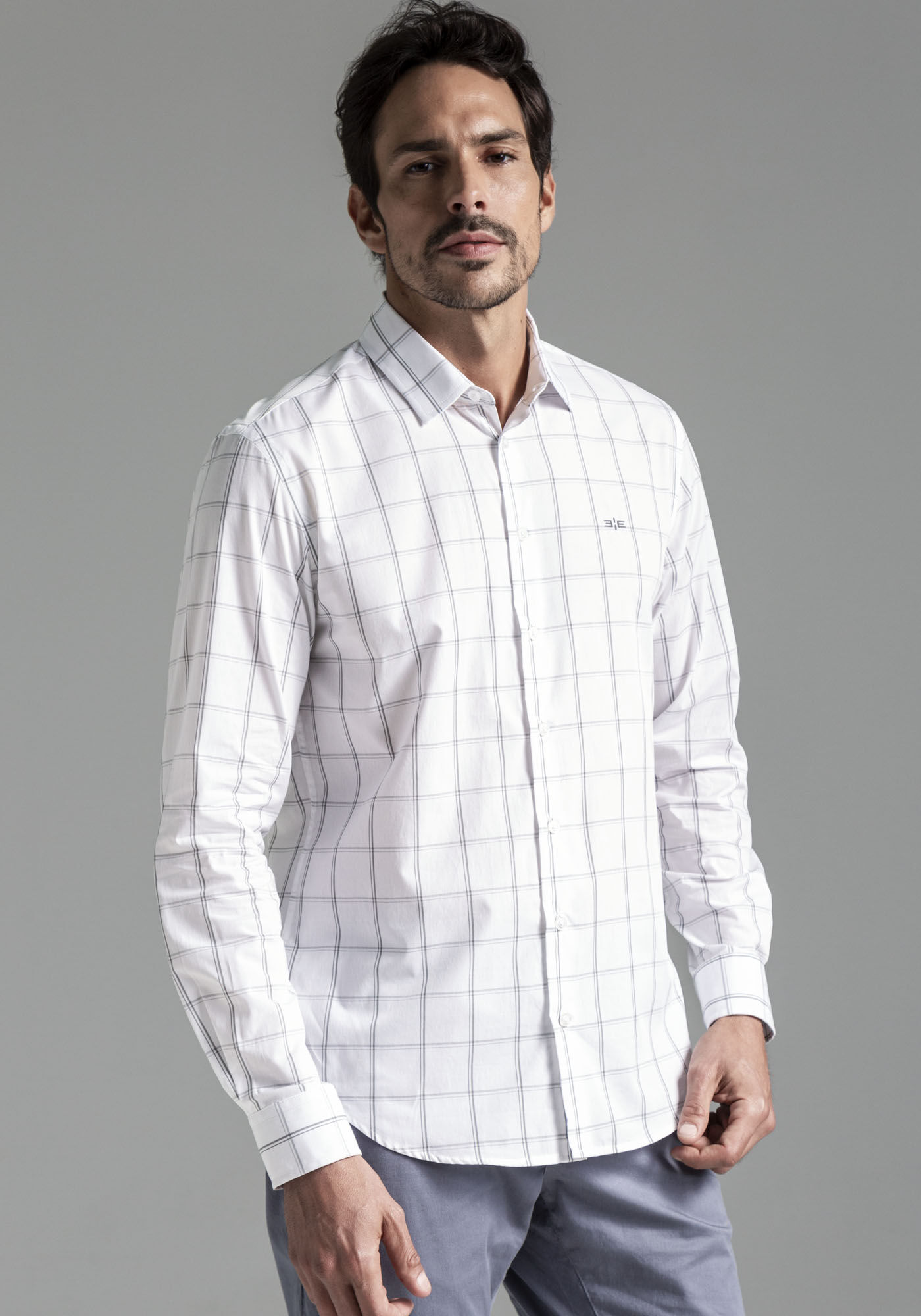 Camisa Masculina Slim FIt em Fio Eg&iacute;pcio Xadrez, BRANCO, large.