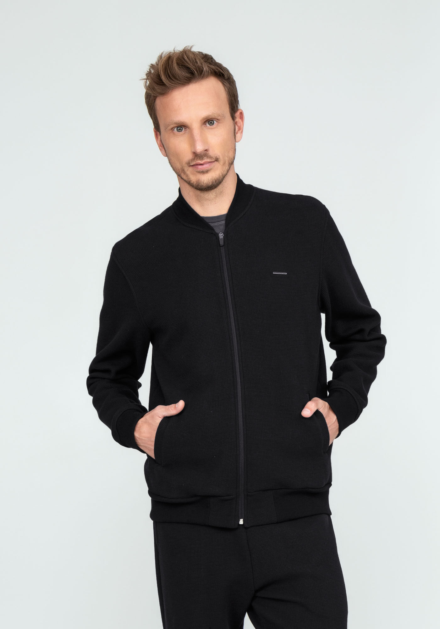 Jaqueta Bomber em Moletom com Bolsos, PRETO REATIVO, large.