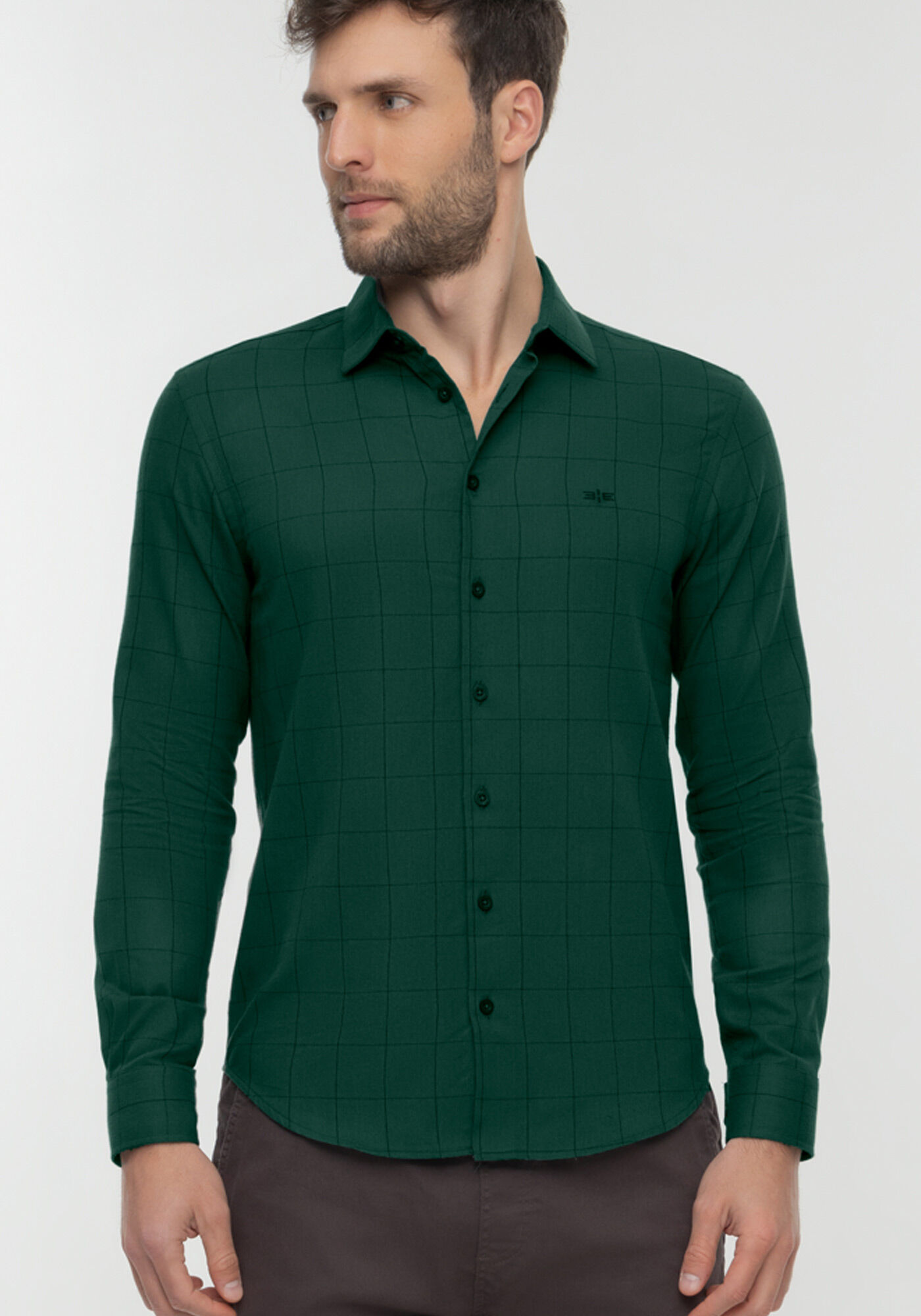 Camisa Slim Fit Masculina De Mangas Longas Em Tecido Flanela, VERDE GLIMMER, large.
