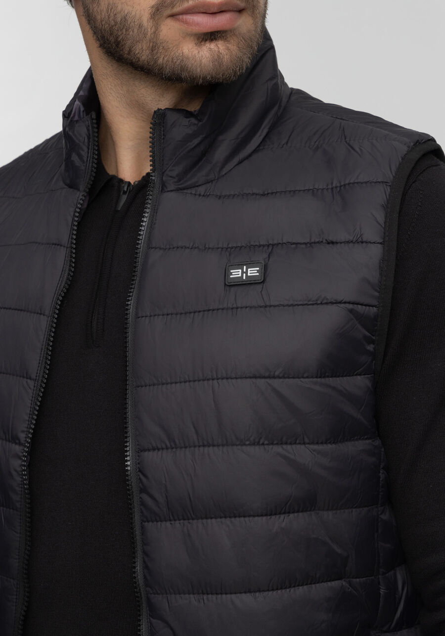 Colete Puffer Dupla Face Com Zíper E Gola Alta, PRETO REATIVO. Colete Puffer Dupla Face Com Zíper E Gola Alta, PRETO REATIVO, large.