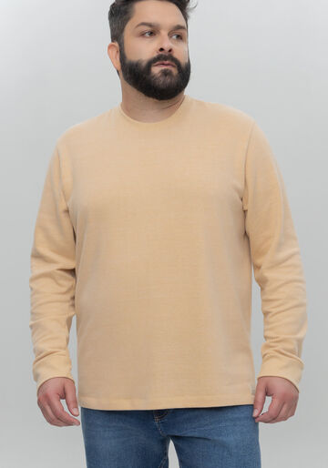 Blusão Básico De Mangas longas Com Gola Redonda Big & Tall, BEGE TIGER. Blusão Básico De Mangas longas Com Gola Redonda Big & Tall, BEGE TIGER, large.