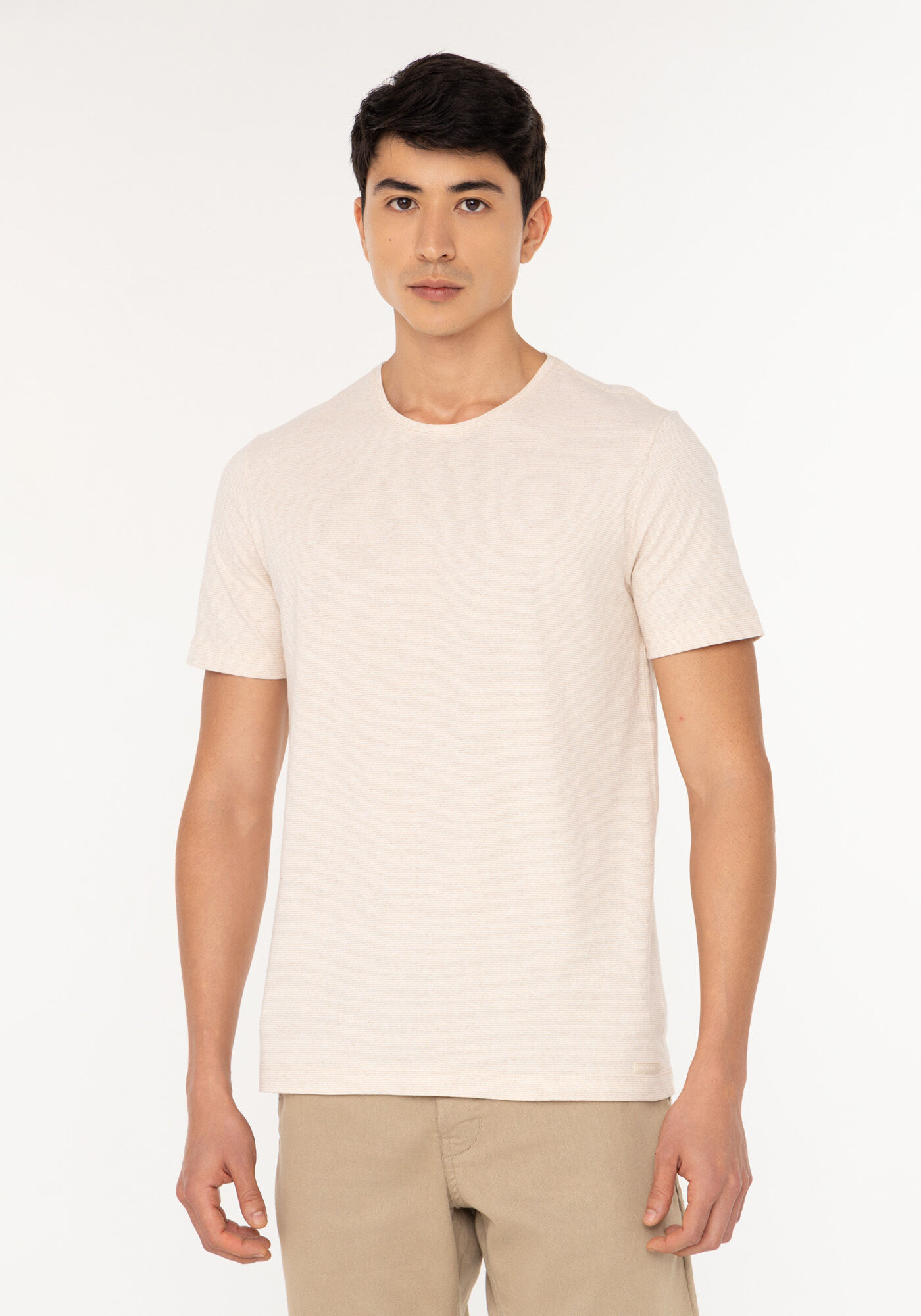 Camiseta B&aacute;sica De Manga Curta Em Malha Listrada De Algod&atilde;o, BEGE FUSION, large.