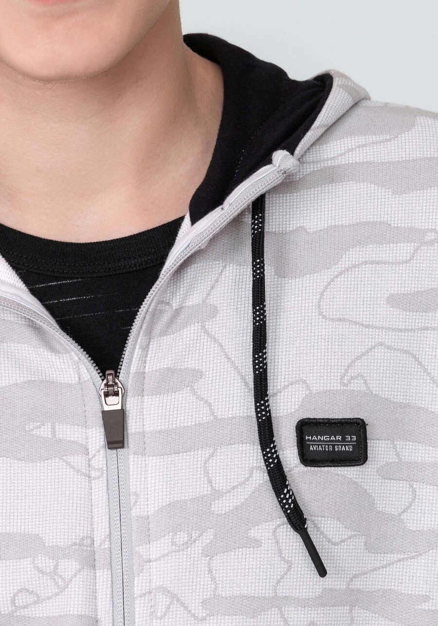 Jaqueta com Capuz em Moletom Estampada Juvenil, GRID CINZA. Jaqueta com Capuz em Moletom Estampada Juvenil, GRID CINZA, large.
