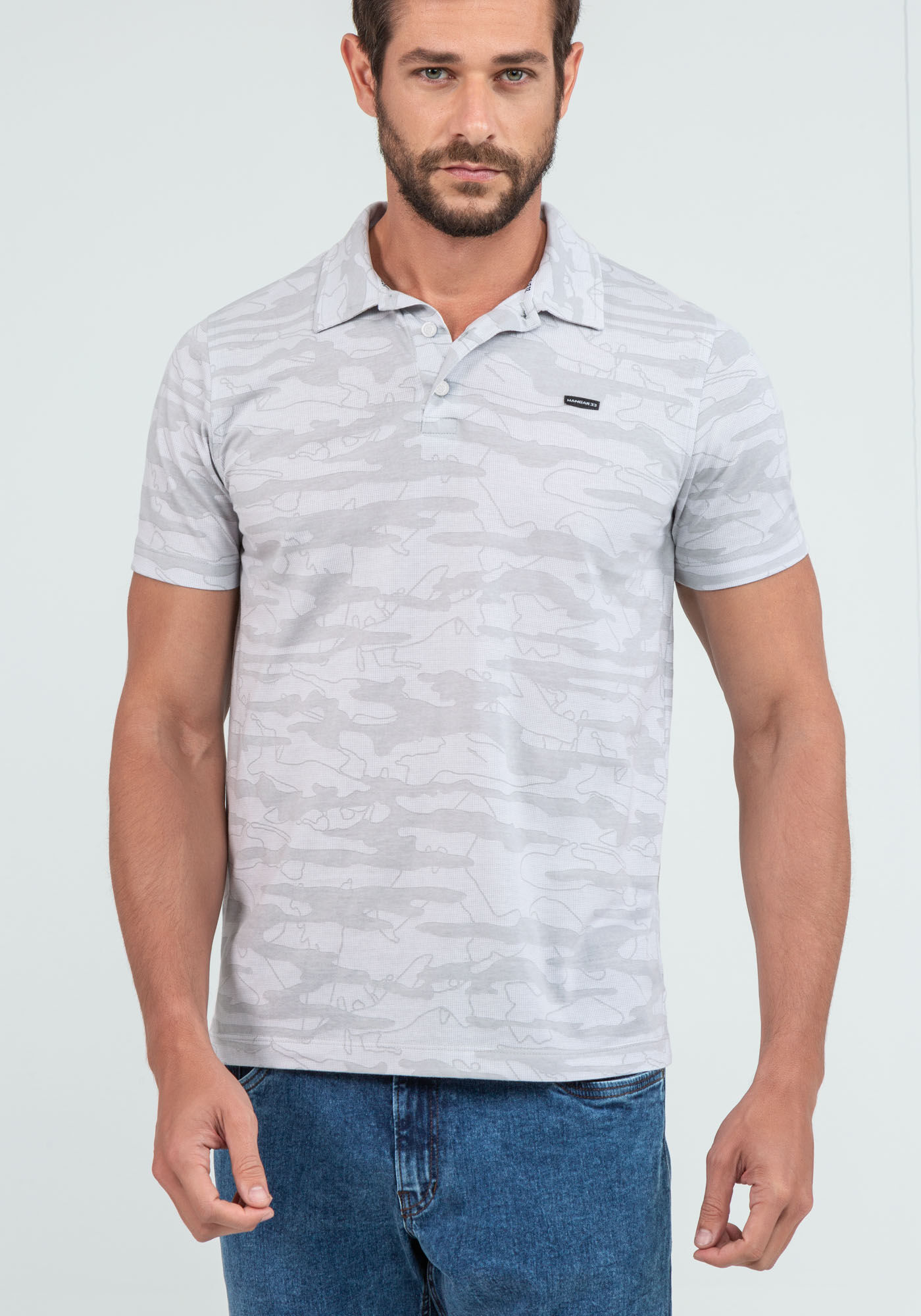 Camisa Polo Manga Curta Malha Penteada, GRID CINZA, large.