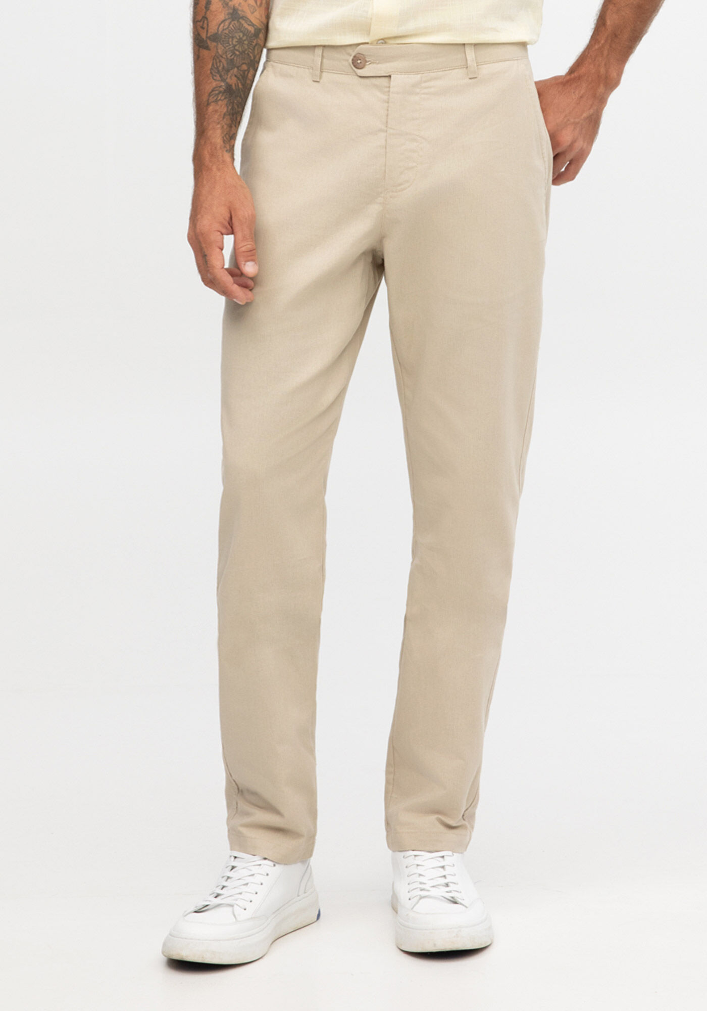 Cal&ccedil;a Com Bolsos Em Tecido Plano Com Linho, BEGE SYSTEM, large.