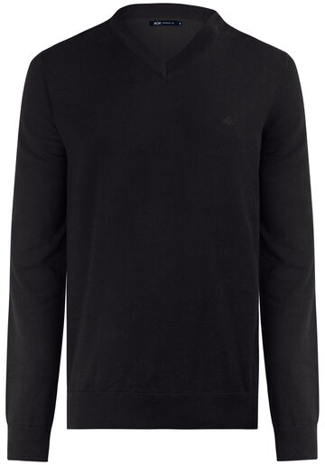 Blusão Básico Em Tricô Com Mangas Longas E Gola V, PRETO REATIVO. Blusão Básico Em Tricô Com Mangas Longas E Gola V, PRETO REATIVO, large.