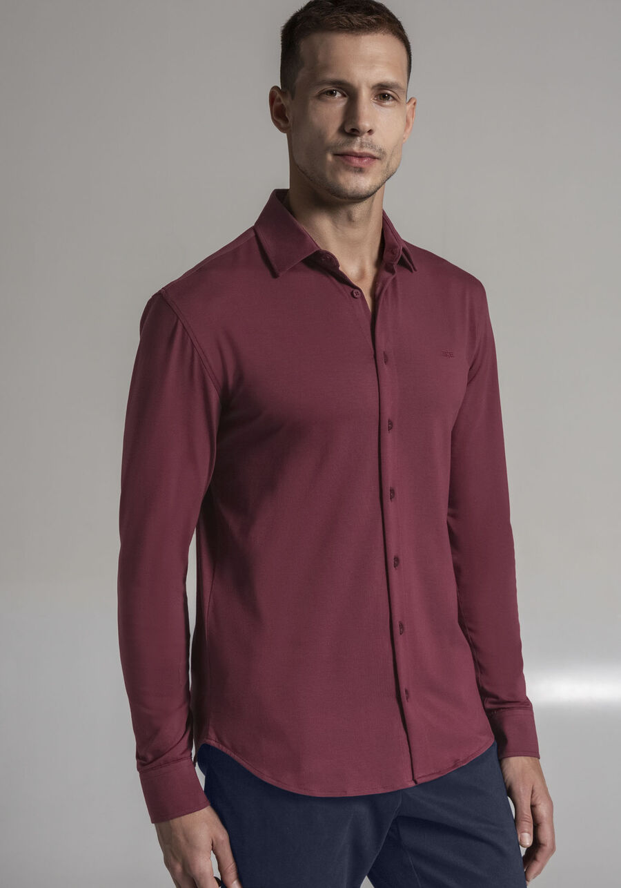 Camisa De Mangas Longas Em Malha Pima Slim Fit Masculina, BORDO WITCH. Camisa De Mangas Longas Em Malha Pima Slim Fit Masculina, BORDO WITCH, large.
