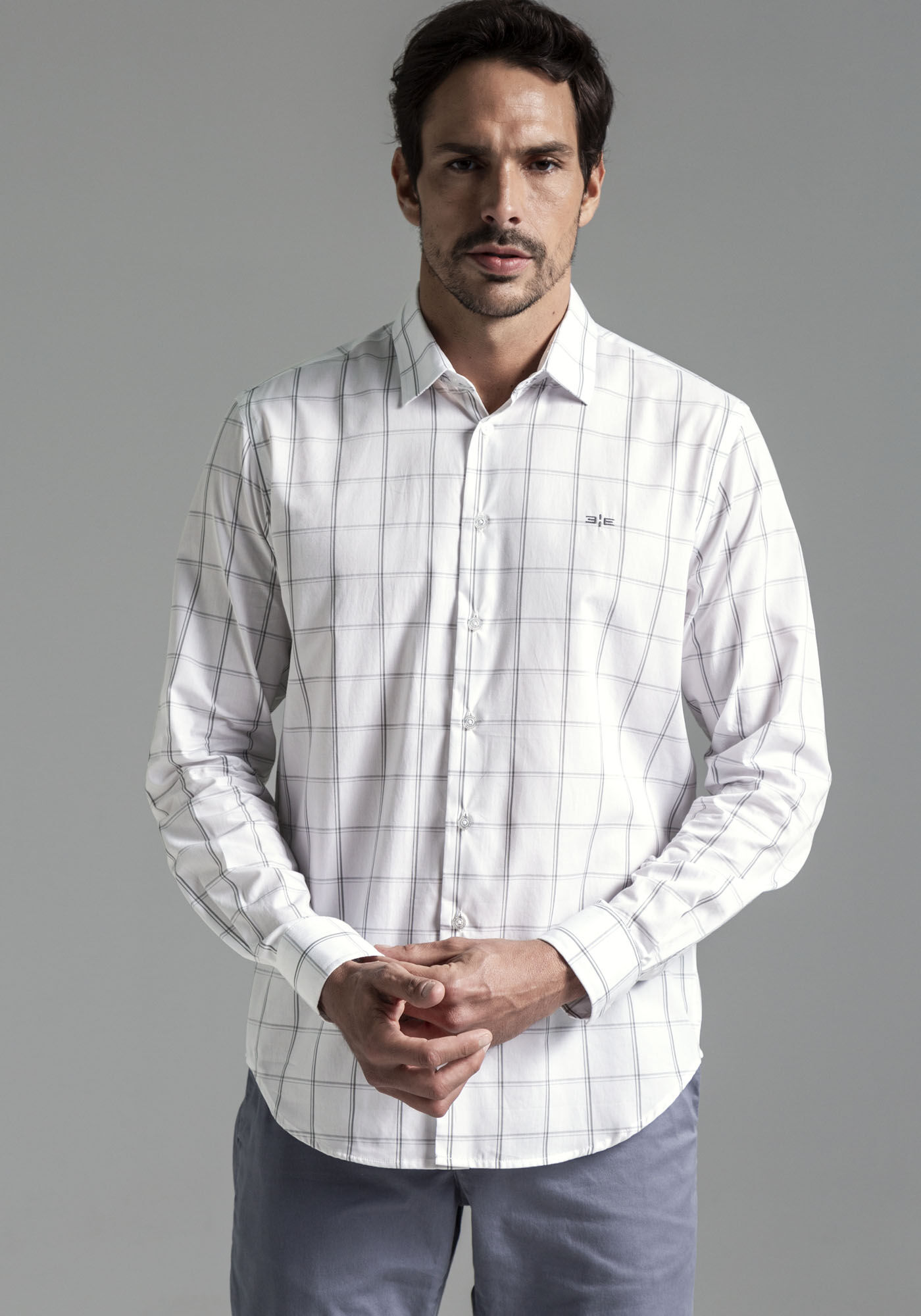 Camisa Masculina Slim FIt em Fio Eg&iacute;pcio Xadrez, BRANCO, large.