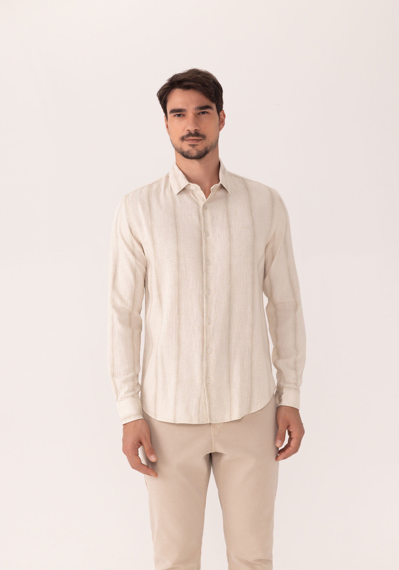 Camisa De Mangas Longas Em Tecido Com Linho, VERTICAL OCRE, large.