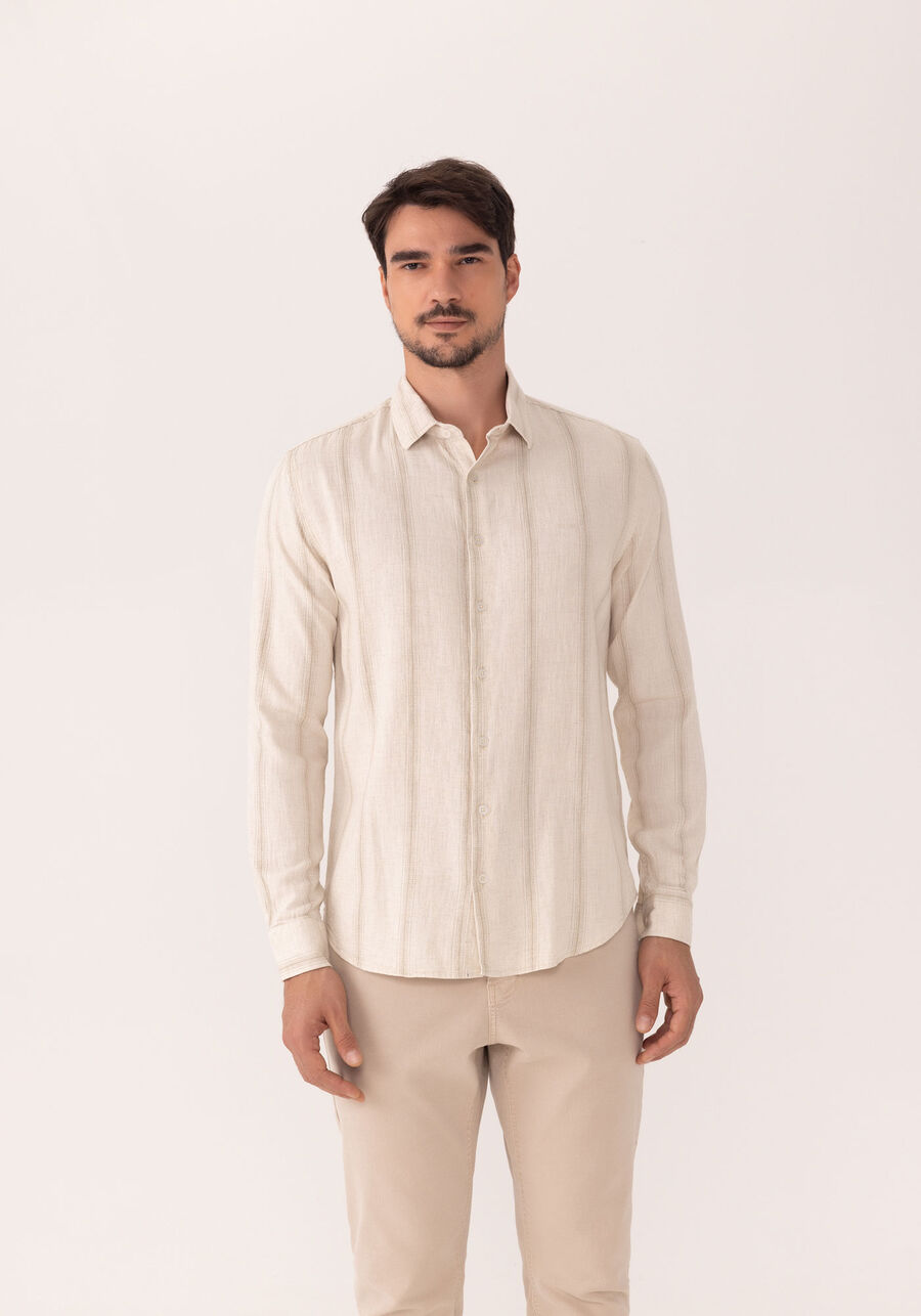 Camisa De Mangas Longas Em Tecido Com Linho, VERTICAL OCRE. Camisa De Mangas Longas Em Tecido Com Linho, VERTICAL OCRE, large.