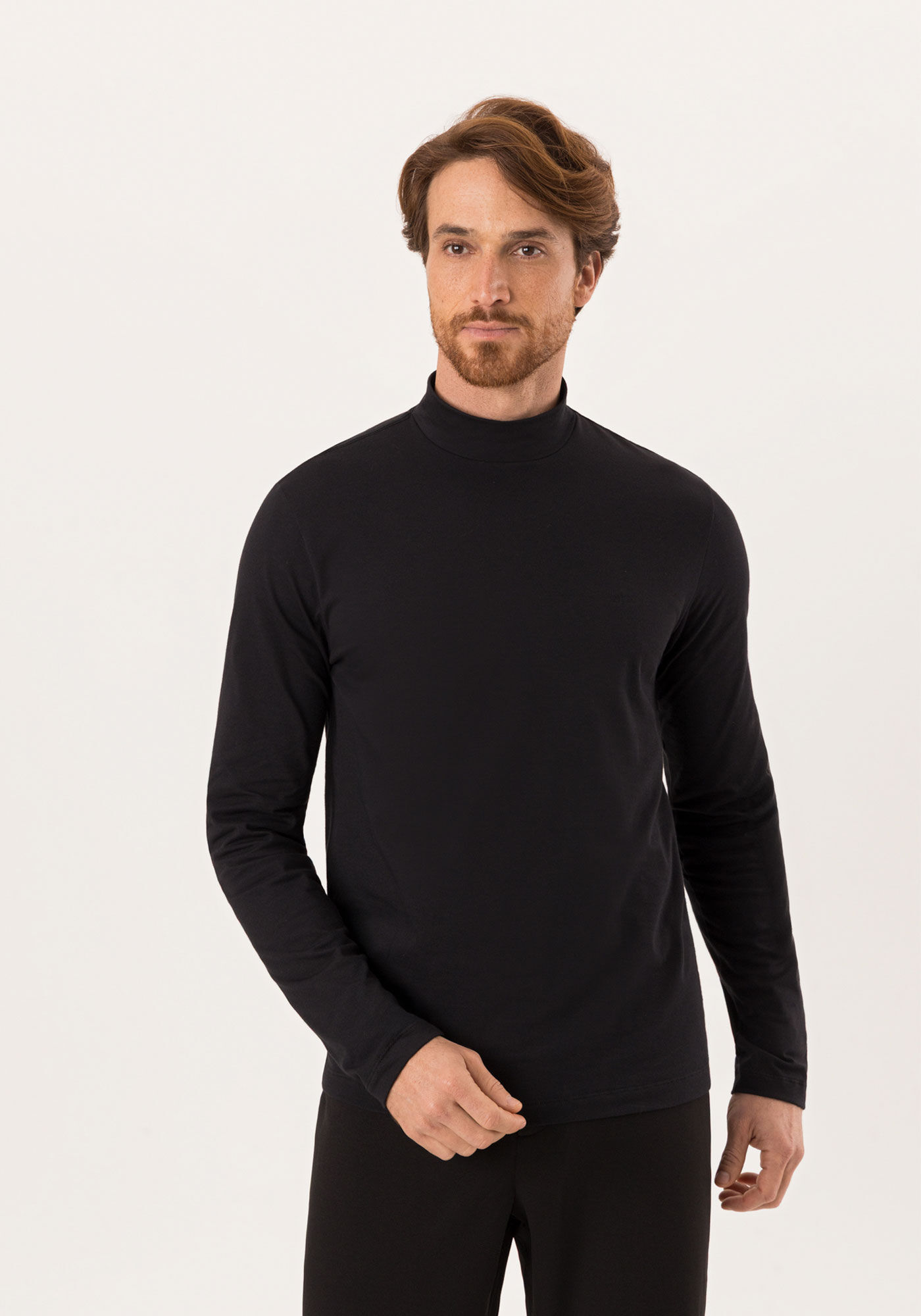 Camiseta De Mangas Longas Com Gola Alta Em Malha Cotton, PRETO REATIVO, large.